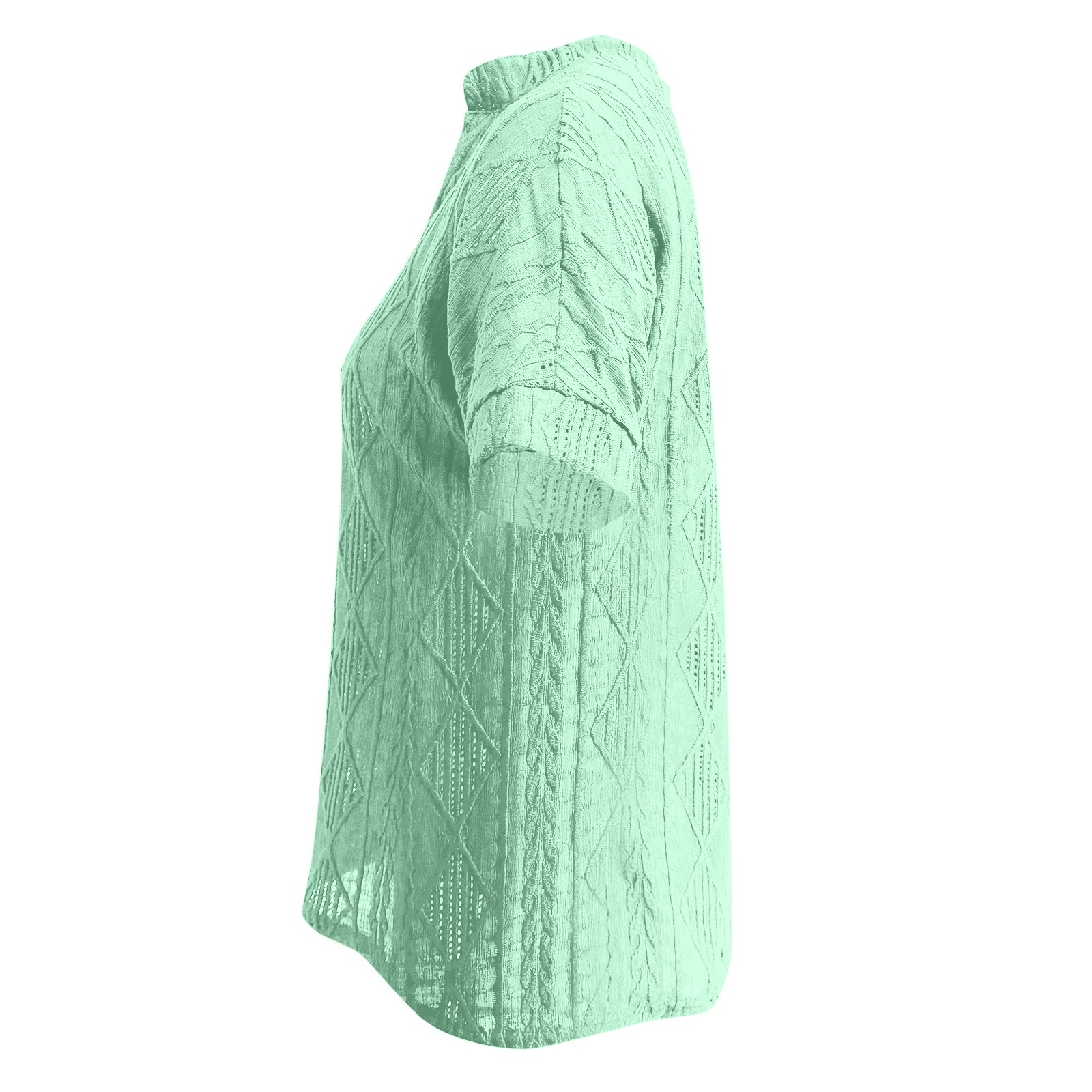 thumbnail image 5 of Camisa de punto jacquard holgada con cuello en V para mujer: manga corta, detalle de cordones, informal de verano, fácil de cuidar, 5 of 7